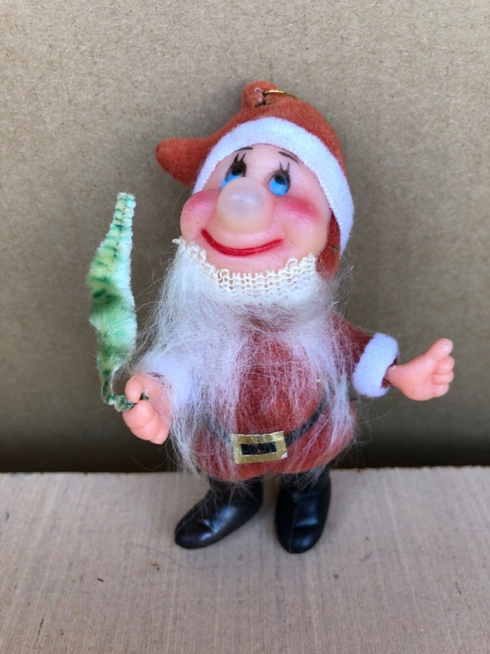 Vintage Red Elf Santa Claus Christmas Flocked Ornament Gnome Felt Holiday Midcen